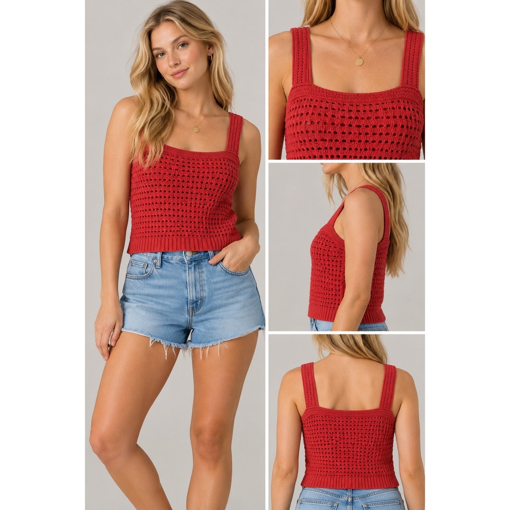 Universal Thread Womens M Red Crochet Knit Tank Top Square Neck Sleeveless